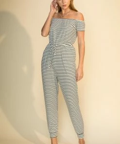 Wanderlust By Abby Striped Off Shoulder Jumpsuit NEW