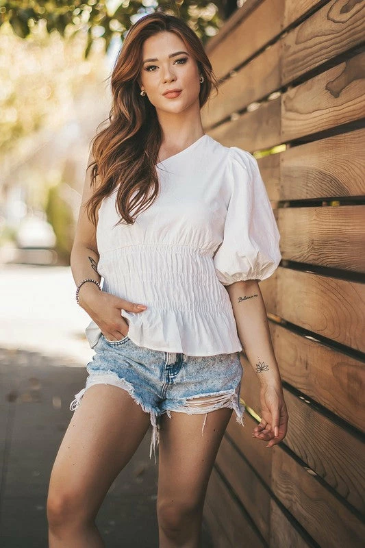 Wanderlust By Abby White One-Shoulder Balloon Sleeve Linen Top NEW 3 Wanderlust By Abby White One-Shoulder Balloon Sleeve Linen Top NEW