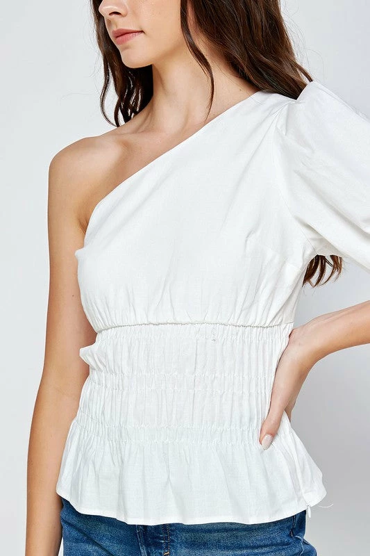 Wanderlust By Abby White One-Shoulder Balloon Sleeve Linen Top NEW 6 Wanderlust By Abby White One-Shoulder Balloon Sleeve Linen Top NEW