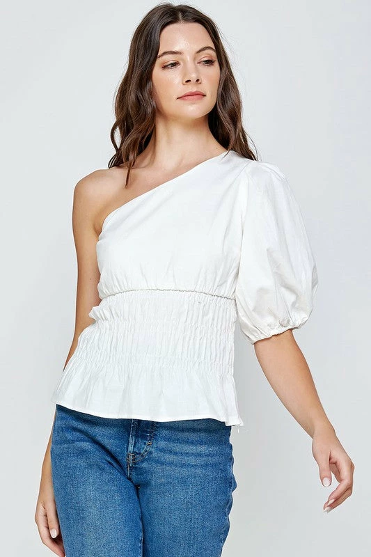 Wanderlust By Abby White One-Shoulder Balloon Sleeve Linen Top NEW 5 Wanderlust By Abby White One-Shoulder Balloon Sleeve Linen Top NEW