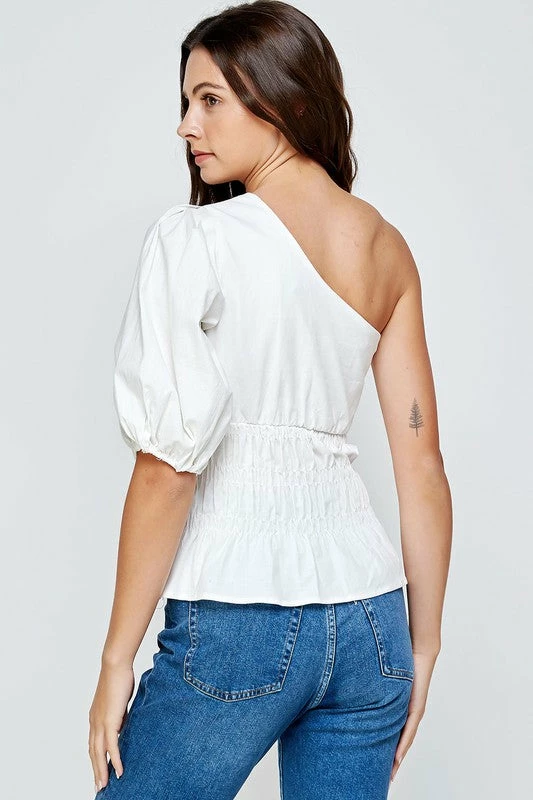 Wanderlust By Abby White One-Shoulder Balloon Sleeve Linen Top NEW 7 Wanderlust By Abby White One-Shoulder Balloon Sleeve Linen Top NEW