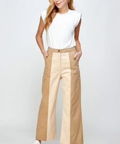 Wanderlust By Abby NEW Sand And Taupe Color Block Top Stitch Detail Pants