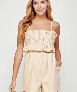 Wanderlust By Abby Oatmeal Front Ruffle Sleeveless Romper NEW