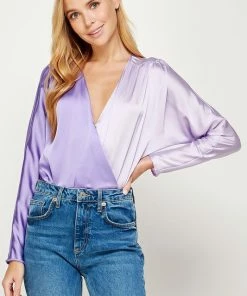 Wanderlust By Abby Koslow Crossover V-neck Long Sleeve Two-Tone Body Suit NEW