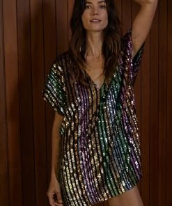 Wanderlust By Abby Woven Sequins V-neck Short Sleeve Mini Dress