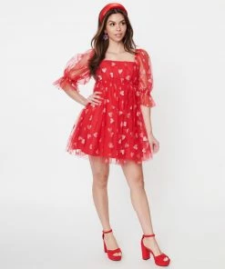 Wanderlust By Abby Red & Pink Glitter Hearts Love Babydoll Dress NEW