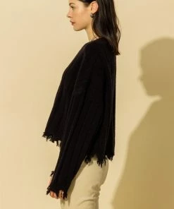 Wanderlust By Abby Frayed Trim Drop Shoulder Round Neck Sweater