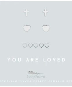 Lucky Feather Cross & Hearts Earring Set