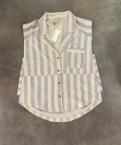 Wanderlust By Abby Sleeveless Stripe Button Down Top NEW