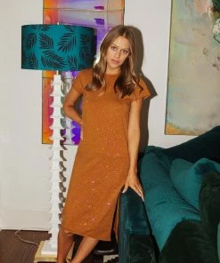 Queen Of Sparkles NEW QOS Brown Rhinestone Midi Dress