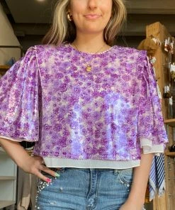 2.7 August Apparel NEW Floral Print Sequin Top