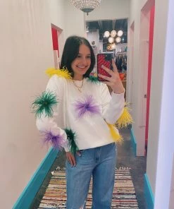 Queen Of Sparkles Mardi Gras Feather Sweater NEW