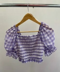 Wanderlust By Abby Lilac Gingham Print Smocked Top NEW