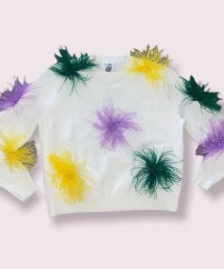 Queen Of Sparkles Mardi Gras Feather Sweater NEW
