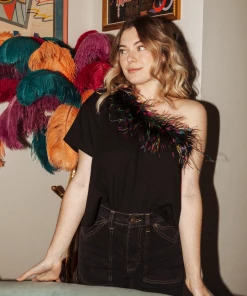Queen Of Sparkles One Shoulder Feather Top