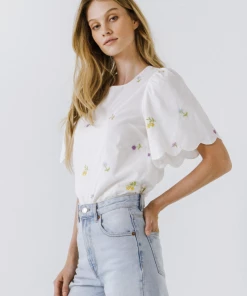 Wanderlust By Abby NEW Embroidery Scallop Edge Top