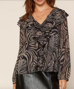 W Printed Ruffle Chiffon Top