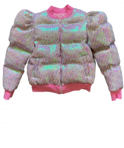 Queen Of Sparkles Pink Multi Sequin Poof Puffer Jacket