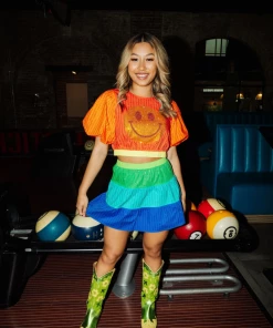 Wanderlust By Abby NEW Queen Of Sparkles Rhinestone Smiley Puff Sleeve Top