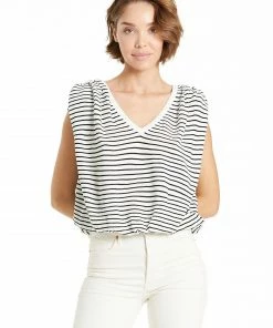 Wanderlust By Abby Dara Padded Shoulder Black White Stripe Sweater NEW