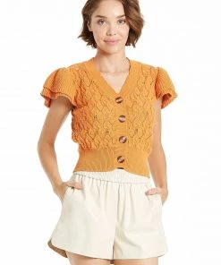 Wanderlust By Abby Mira Flutter Sleeve Marigold Sweater NEW