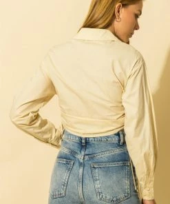 Wanderlust By Abby Drawstring Ruched Crop Button Down Blouse NEW