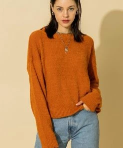 Wanderlust By Abby NEW Burnt Orange Crew Neck Drop Shoulder Long Sleeve Sweater