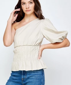 Wanderlust By Abby One-Shoulder Balloon Sleeve Linen Top