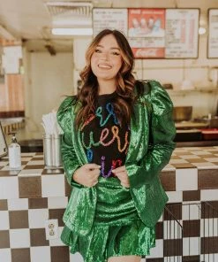 Queen Of Sparkles QOS Green Poof Sleeve Sequin Blazer NEW