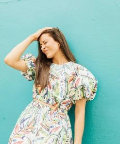 Queen Of Sparkles QOS Tropical Puff Sleeve Jeweled Crop Top CLOTHING