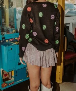 Queen Of Sparkles Black Neon Smiley Sweater