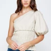 Wanderlust By Abby One-Shoulder Balloon Sleeve Linen Top