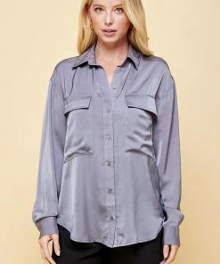 Wanderlust By Abby Pocket Collared Long Sleeve Top NEW