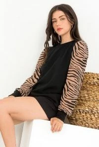 Wanderlust By Abby Sheer Tiger Print Sleeve Top NEW