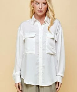 Wanderlust By Abby Pocket Collared Long Sleeve Top NEW